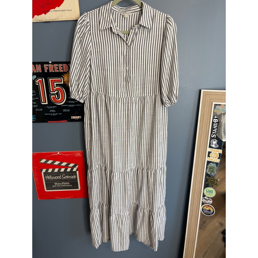 Max Studio Striped Tiered Midi Shirt Dress Black White Puff Sleeve 4905L58 M